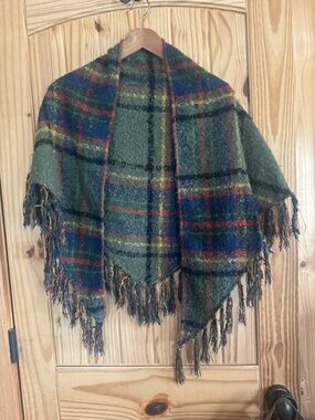 Free People Green Plaid Fringe Shawl
